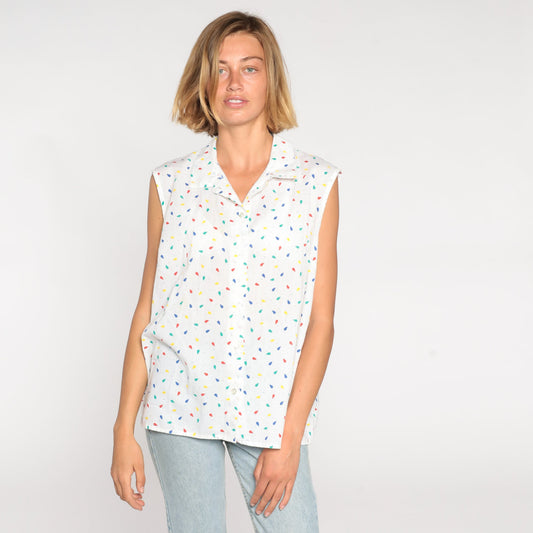 80s Confetti Print White Button-Up Sleeveless Blouse Collared Tank Large