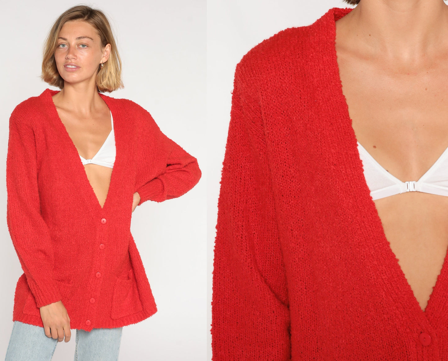 80s Red Cardigan Button-Up Knit Sweater Large L