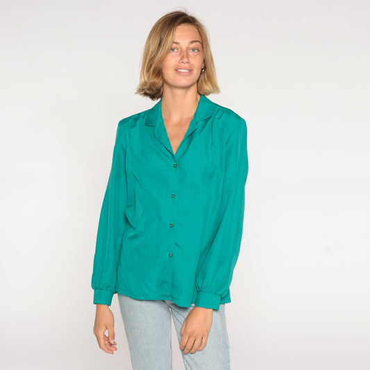 80s Green Button-Up Blouse Long Sleeve Collared Shirt Medium