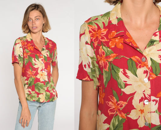 00s Tropical Floral Button Up Blouse Red Orchid Leaf Print Silk Rayon Large