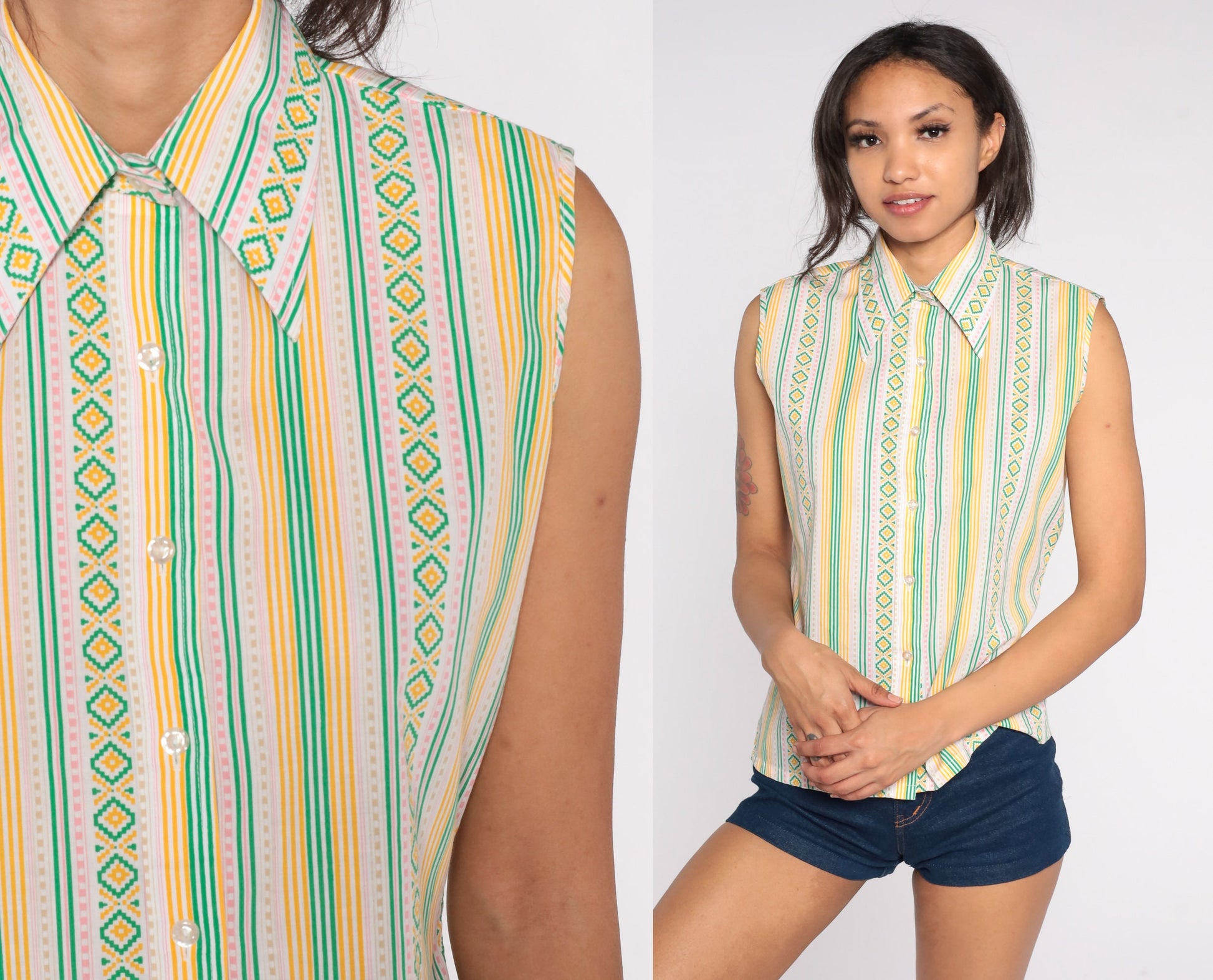 70s Aztec Stripe Sleeveless Blouse Green Yellow Button Front Small Medium