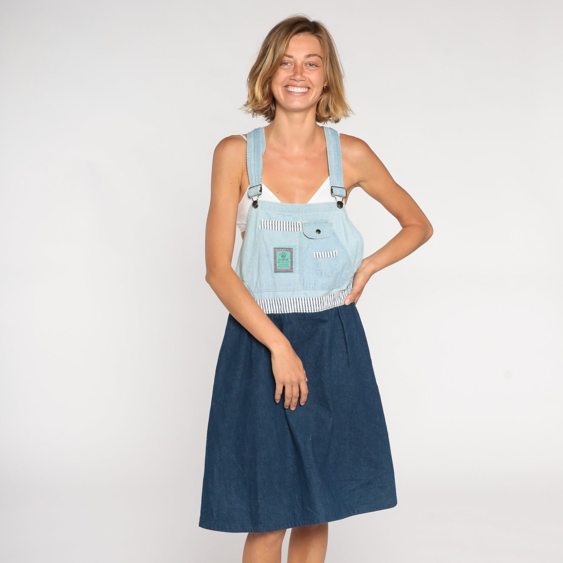 90s Gitano Two-Tone Denim Overall Dress Knee Length Striped Medium M