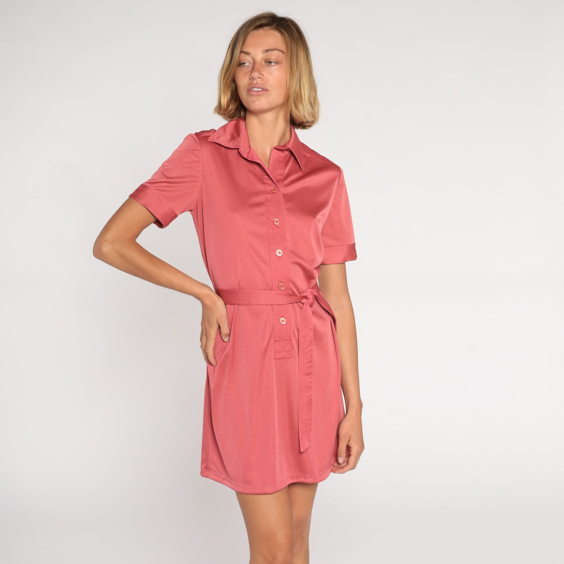 70s Pink Mini Shirtwaist Dress Button-Up Shift Collar Tie Belt Medium