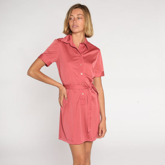 70s Pink Mini Shirtwaist Dress Button-Up Shift Collar Tie Belt Medium