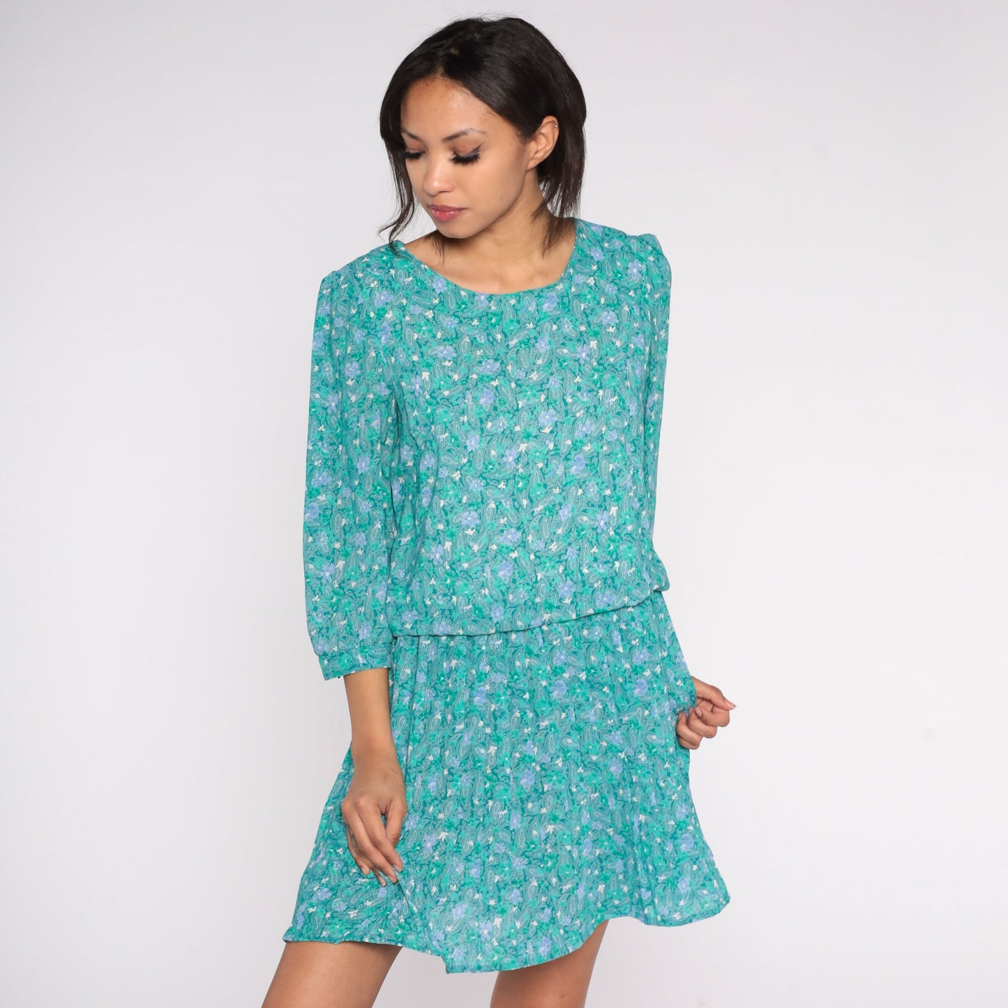 80s Green Paisley Floral Mini Dress High Waist Pleated 3/4 Puff Sleeve Medium