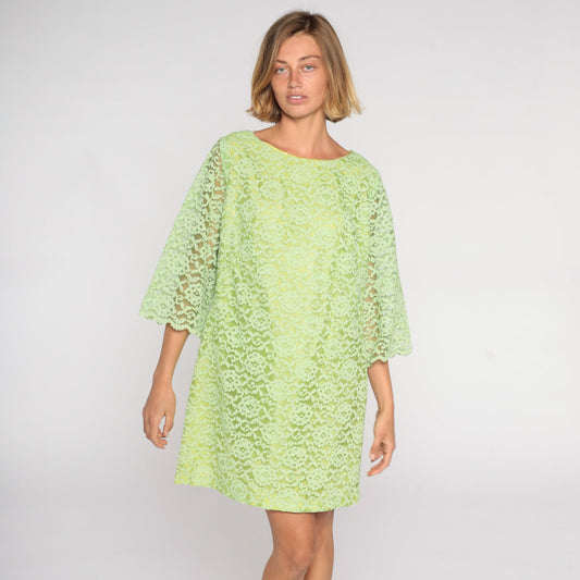 60s M'Lady Couture Lime Green Lace Mini Dress Shift Sheer Sleeve Large
