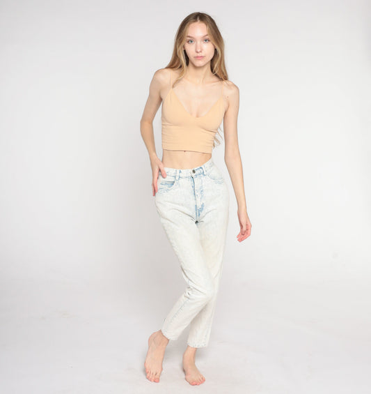 90s Acid Wash High Waisted Mom Jeans Blue White Denim Tapered Extra Small