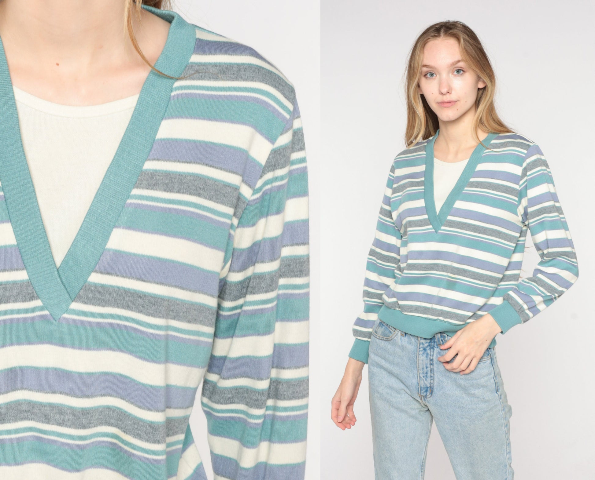 80s Striped Long Sleeve V-Neck Shirt White Blue Grey Small