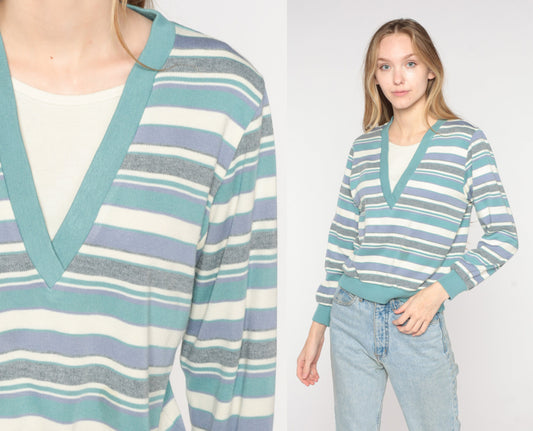 80s Striped Long Sleeve V-Neck Shirt White Blue Grey Small