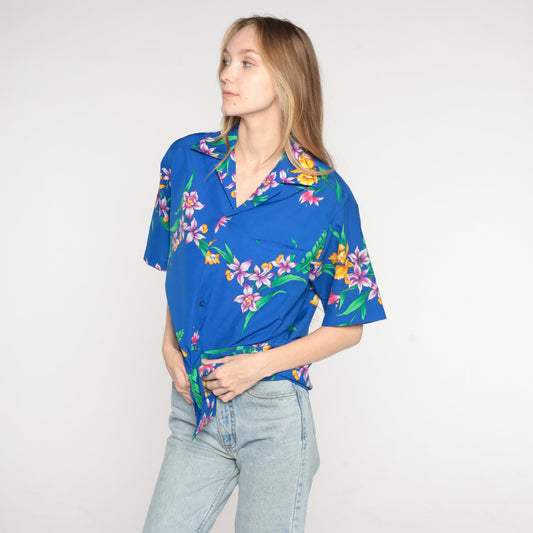 80s Blue Tropical Floral Hawaiian Shirt Button Up Short Sleeve Medium