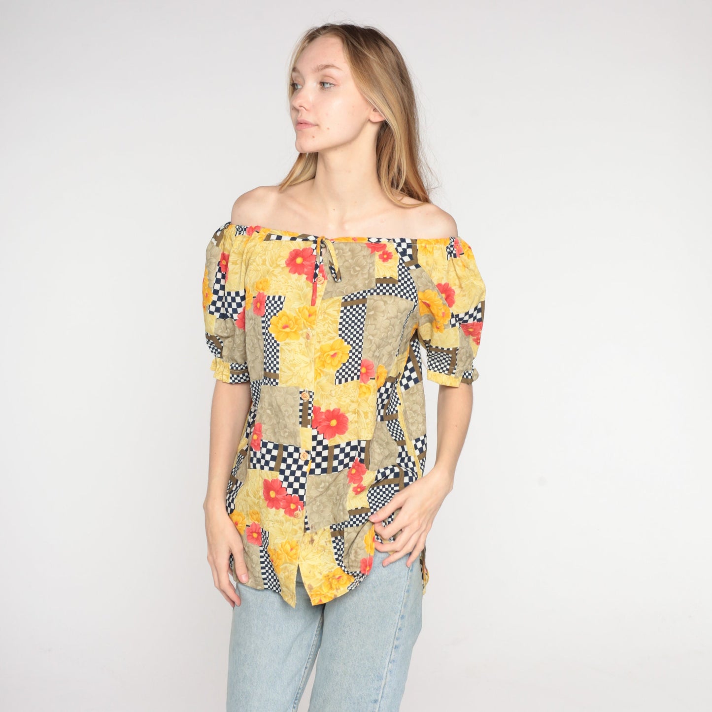 90s Floral Checkered Puff Sleeve Blouse Off-Shoulder Button-Front Yellow Medium
