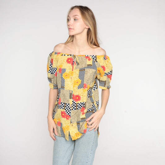 90s Floral Checkered Puff Sleeve Blouse Off-Shoulder Button-Front Yellow Medium