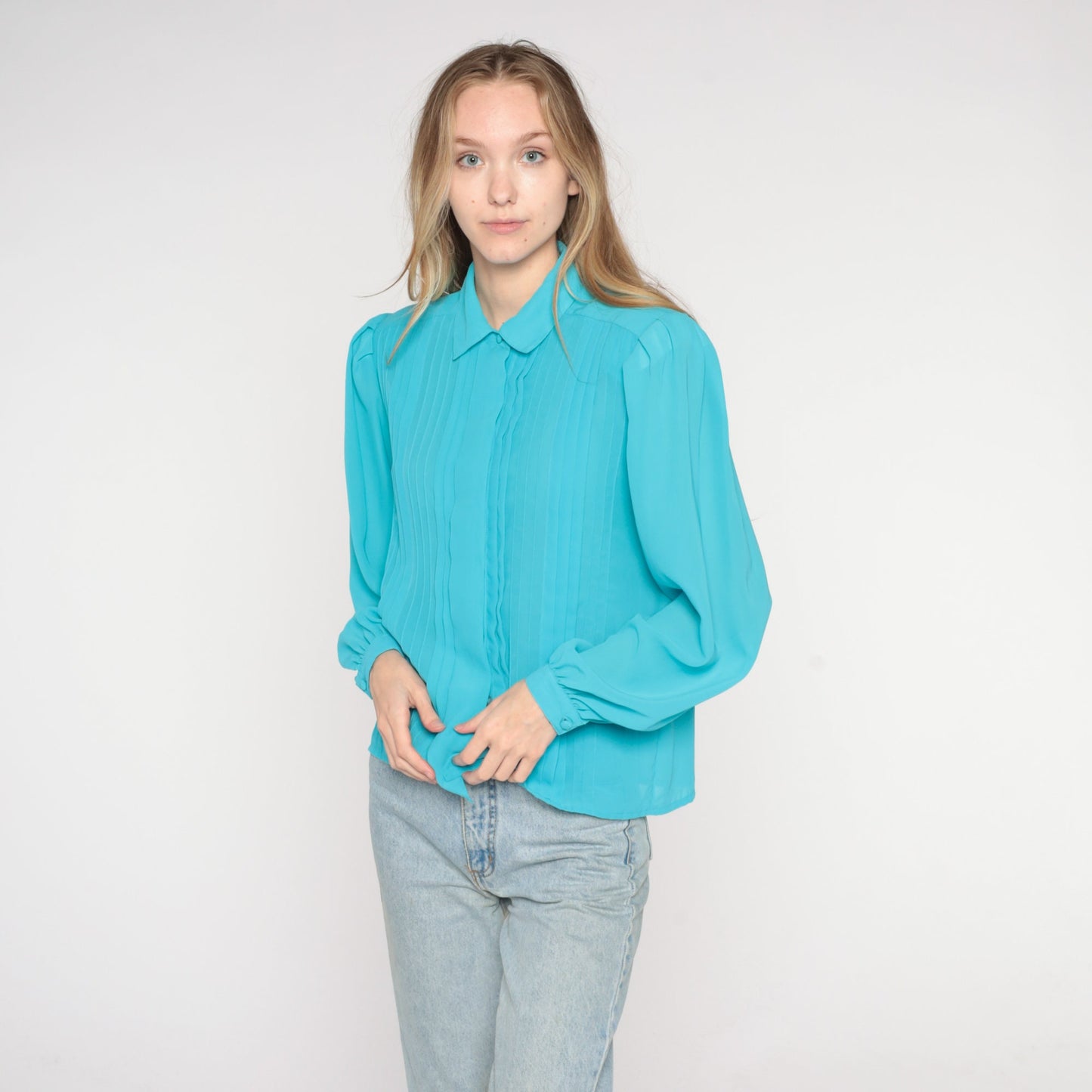 80s Blue Pleated Blouse Puff Sleeve Collared Button-Up Medium
