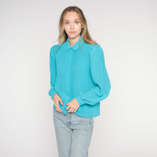80s Blue Pleated Blouse Puff Sleeve Collared Button-Up Medium