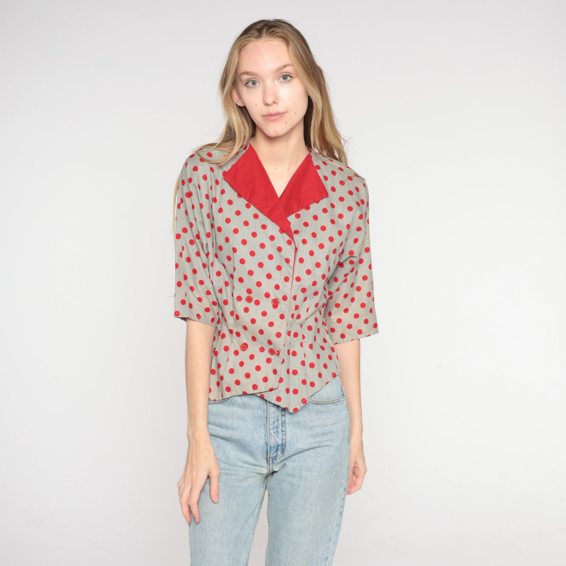 80s Grey Polka Dot Cotton Blouse Double Breasted Red Collar Short Sleeve Small