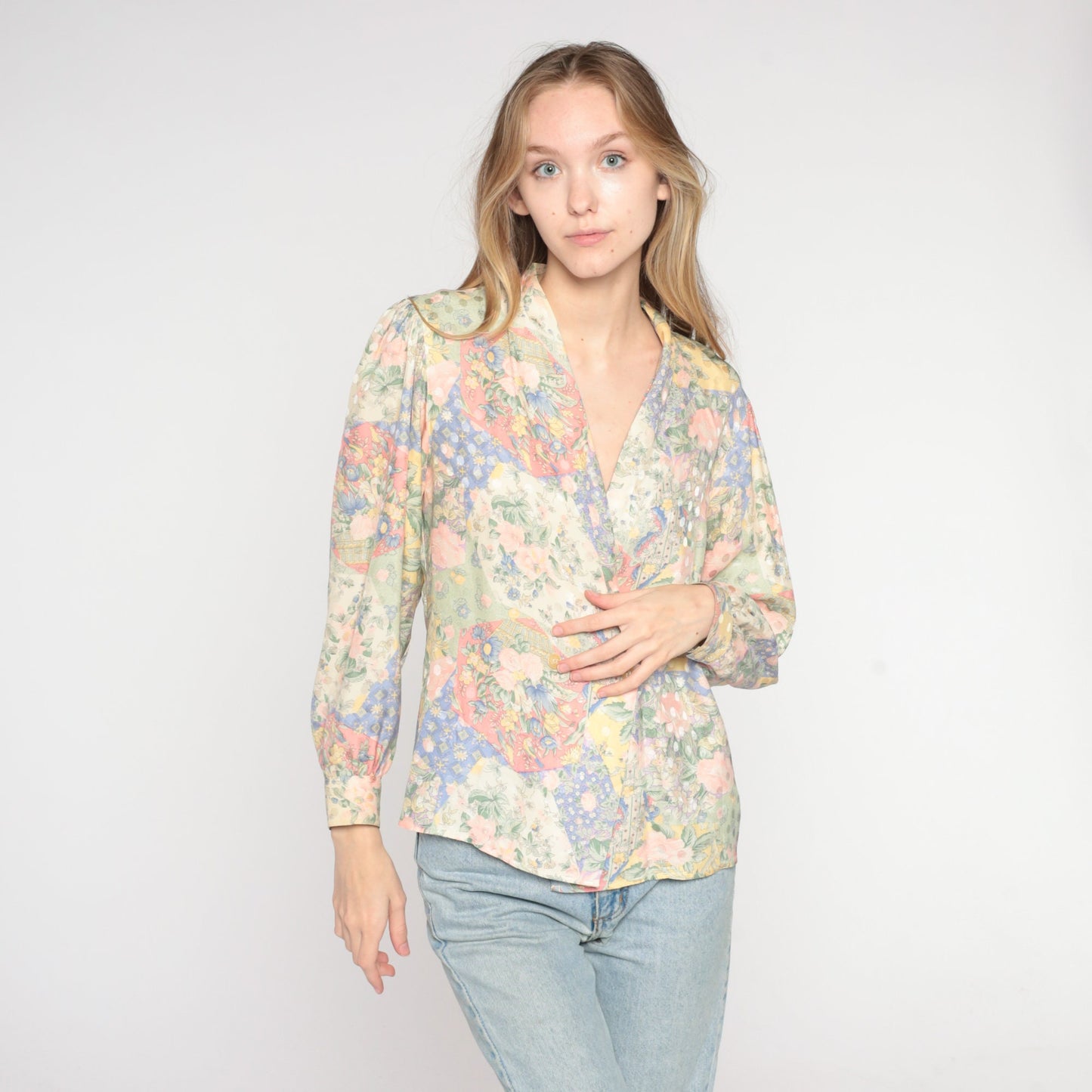 80s Floral Silk Wrap Blouse V-Neck Double Breasted Long Sleeve Small