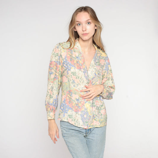 80s Floral Silk Wrap Blouse V-Neck Double Breasted Long Sleeve Small