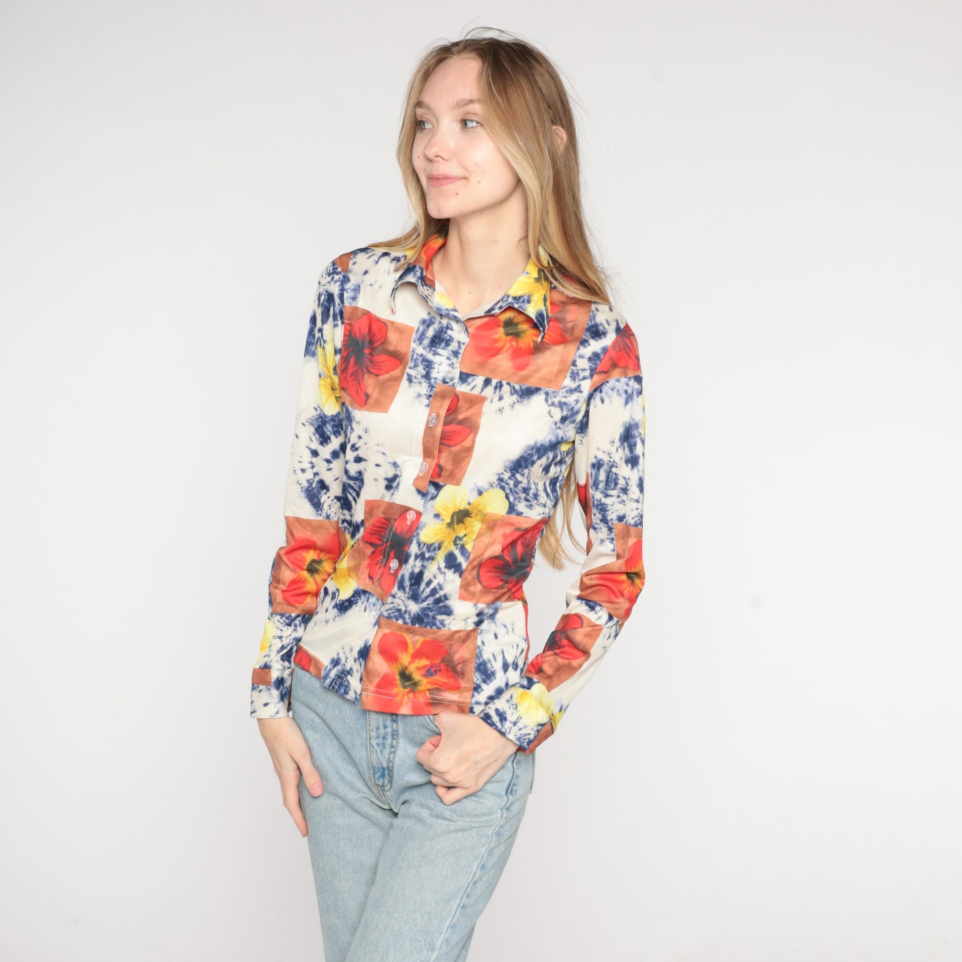 90s Tie Dye Floral Button Up Blouse White Psychedelic Print Collared Long Sleeve Small