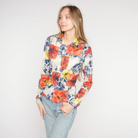 90s Tie Dye Floral Button Up Blouse White Psychedelic Print Collared Long Sleeve Small