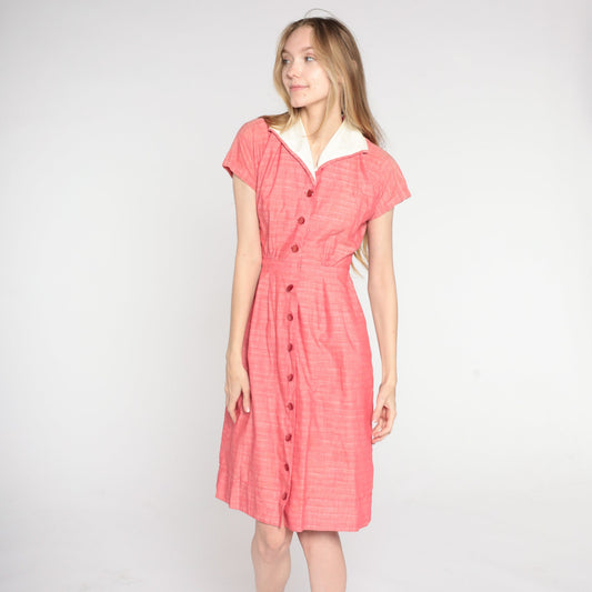 1950s Pink Woven Shirtdress Collar Button-Up Knee Length Small