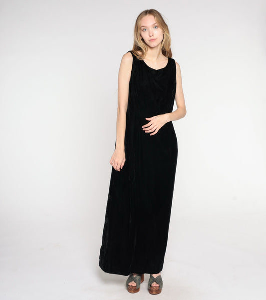70s Black Velvet Maxi Gown Sleeveless Low Back Ribbon Bow Large