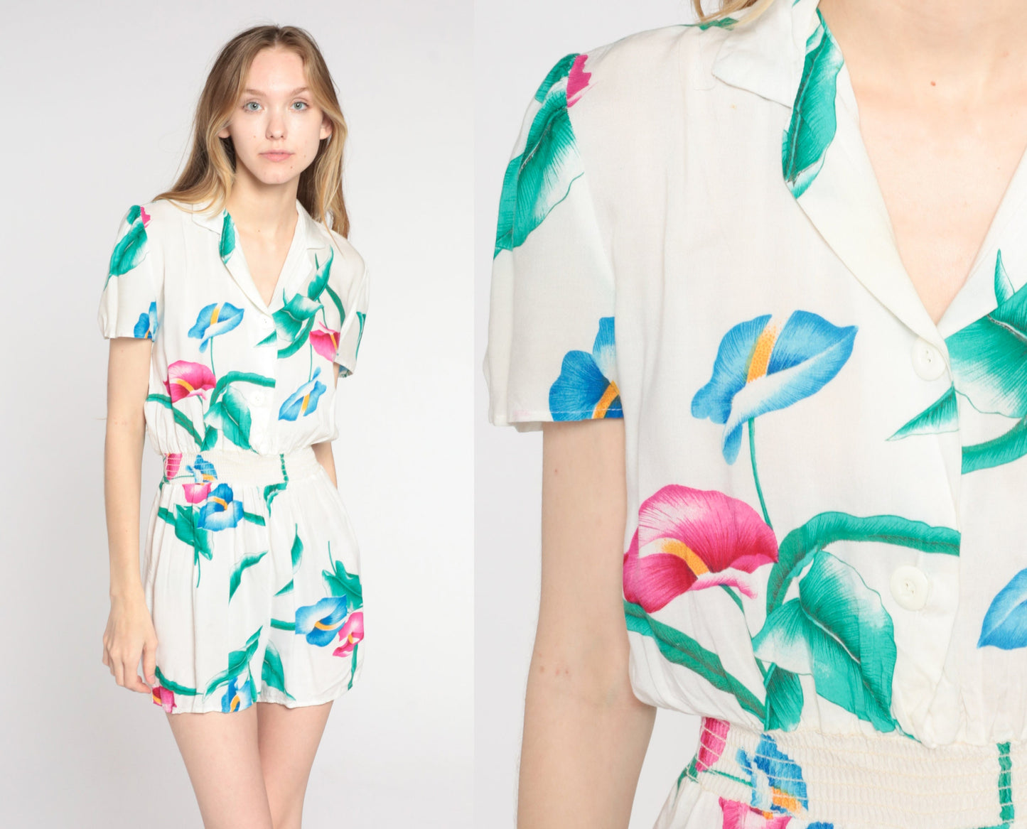 80s Tropical Floral White Romper Playsuit Puff Sleeve High Waist Small S