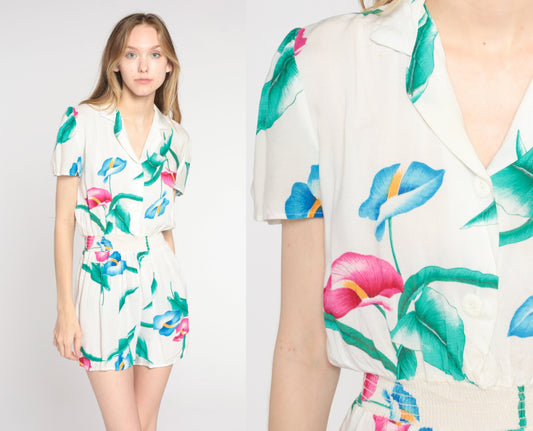 80s Tropical Floral White Romper Playsuit Puff Sleeve High Waist Small S