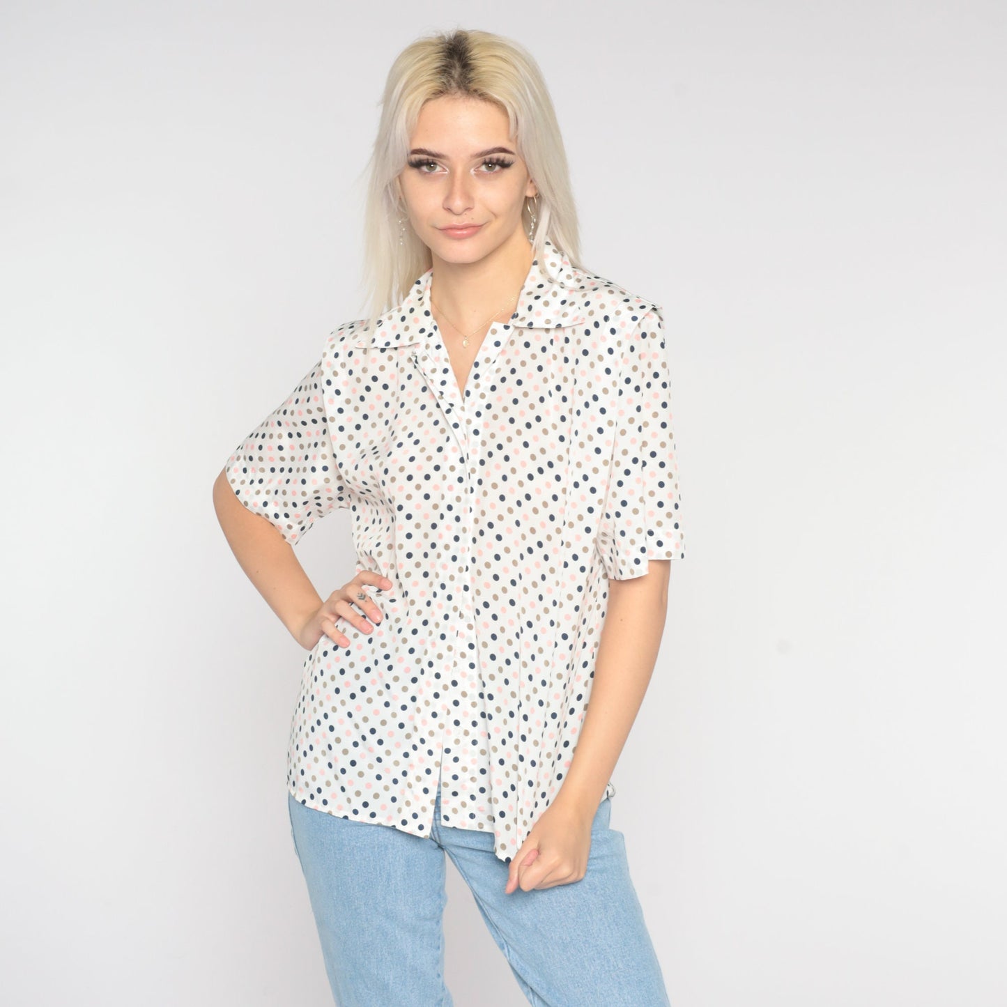 80s White Polka Dot Button-Up Blouse Short Sleeve Small