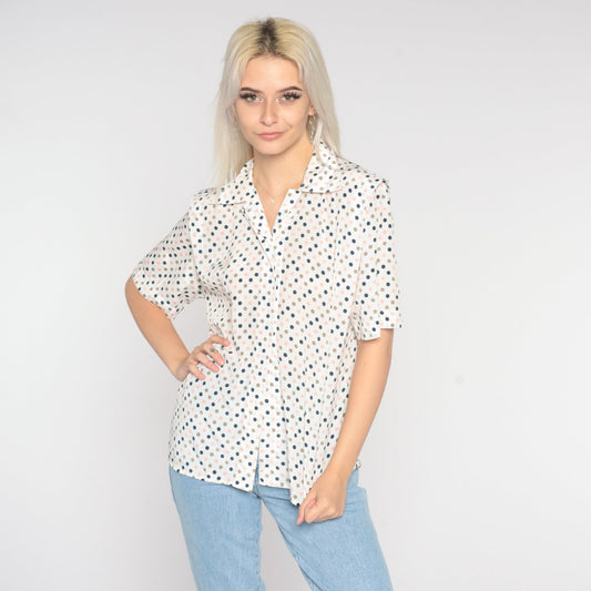 80s White Polka Dot Button-Up Blouse Short Sleeve Small