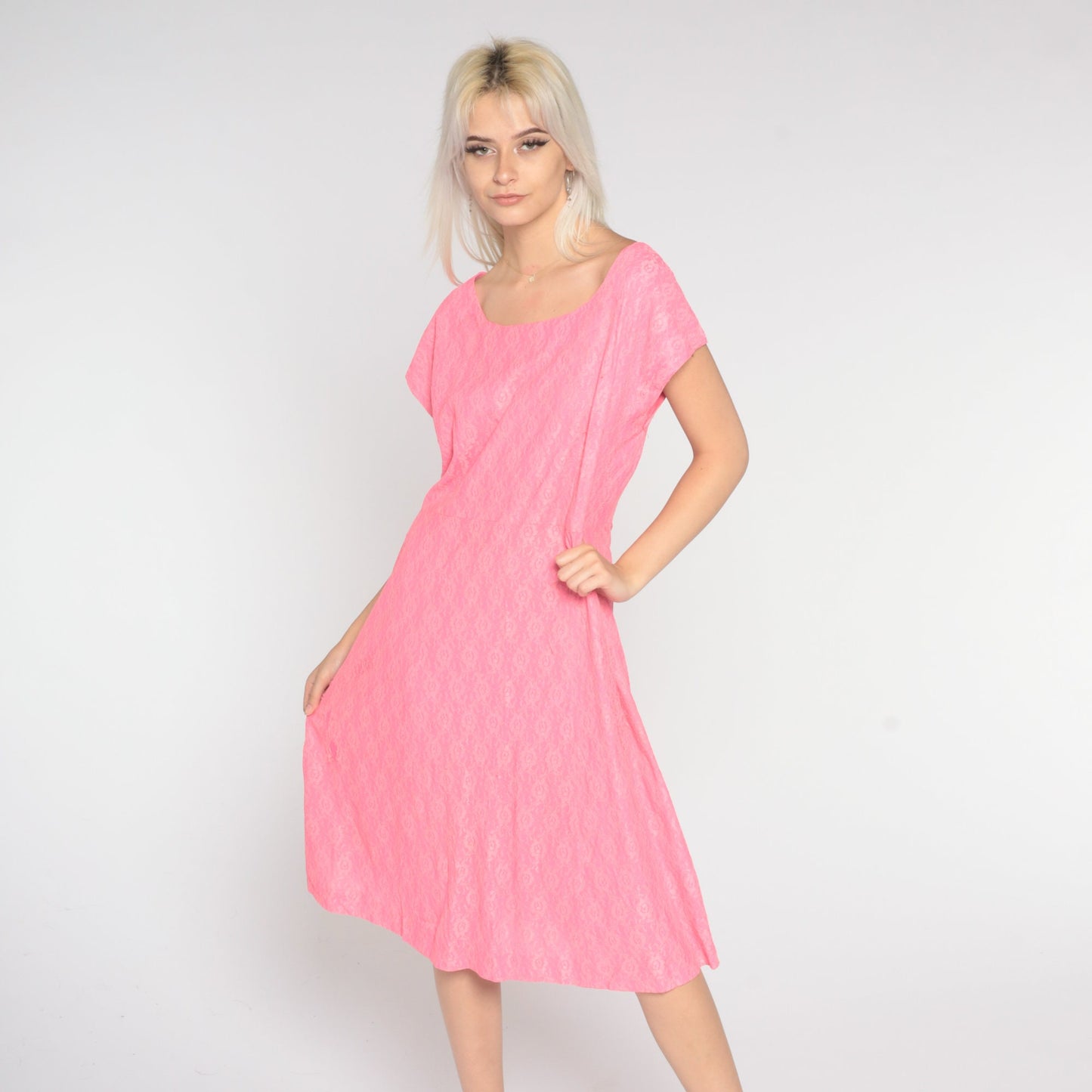 60s Pink Lace Midi Dress Shift Sleeveless High Waist Large