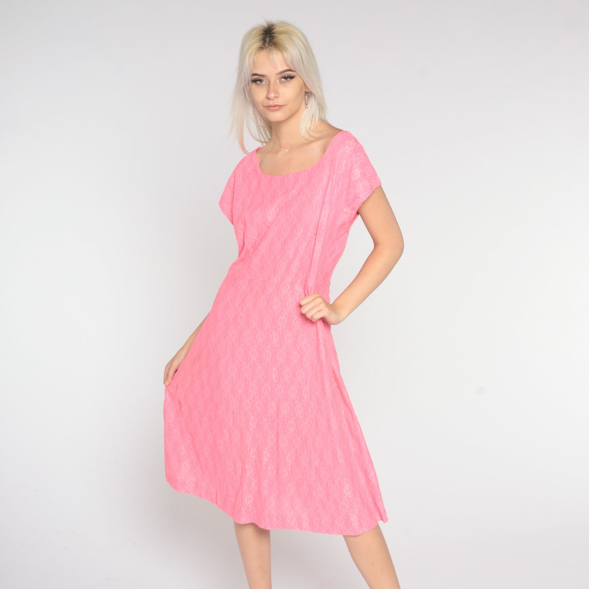 60s Pink Lace Midi Dress Shift Sleeveless High Waist Large