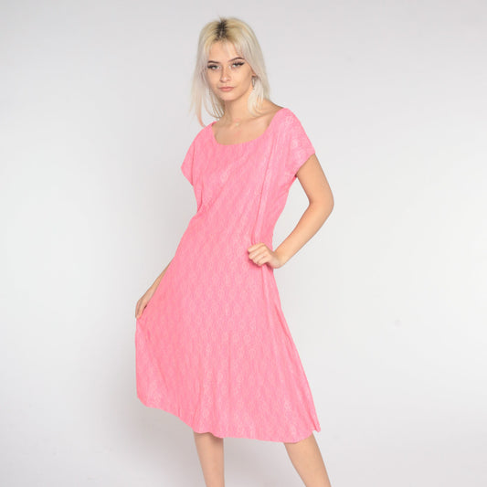 60s Pink Lace Midi Dress Shift Sleeveless High Waist Large