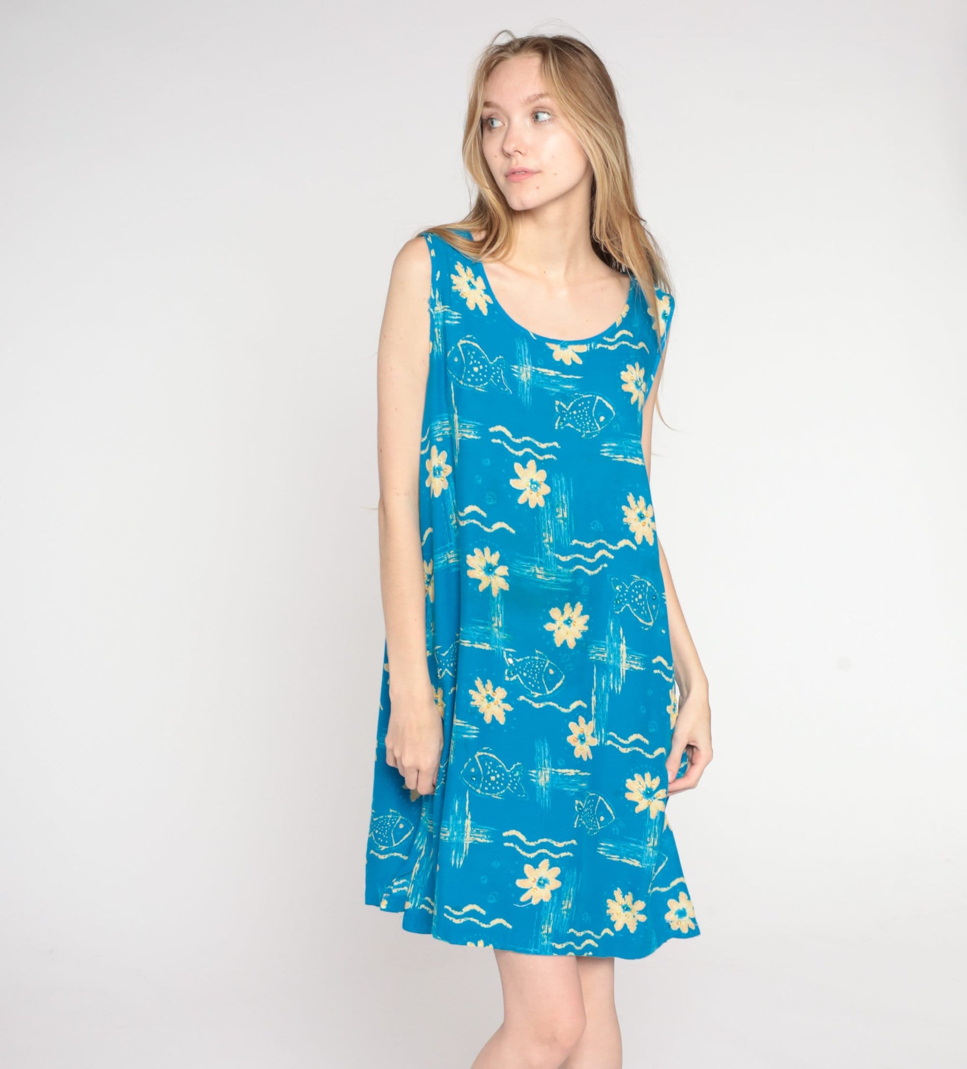 90s Blue Tropical Fish Floral Mini Dress Sleeveless Shift Medium