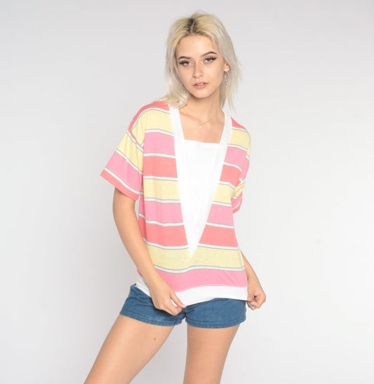 80s Striped Short Sleeve Shirt White Pink Yellow Panel Medium