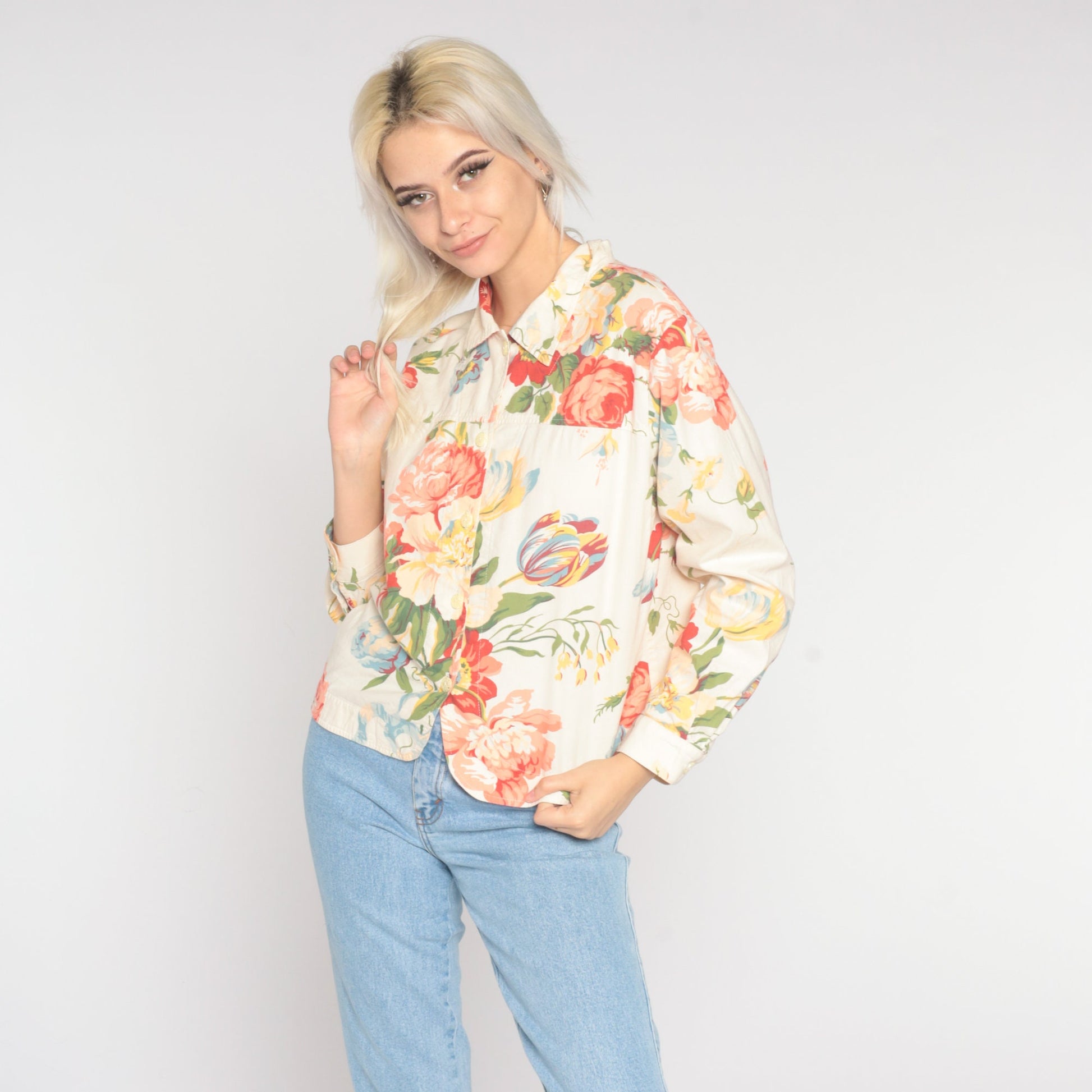 00s Coldwater Creek Floral Button-Up Blouse Cream Long Sleeve Medium Petite