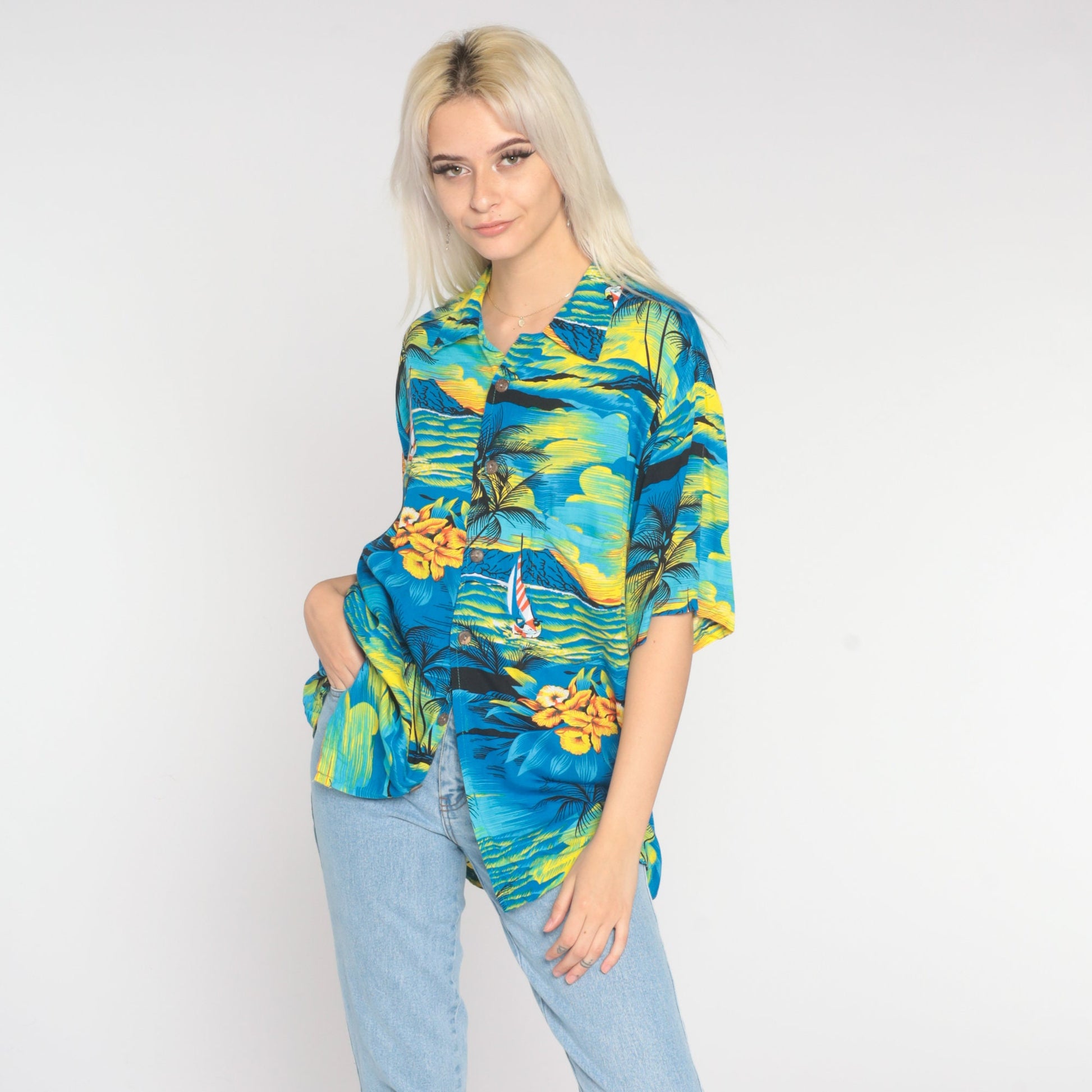 Y2K Tropical Sailboat Hawaiian Shirt Blue Palm Tree Button Up Extra Large