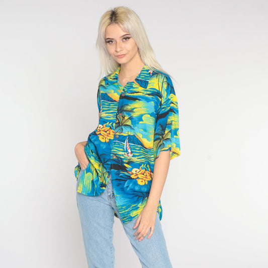 Y2K Tropical Sailboat Hawaiian Shirt Blue Palm Tree Button Up Extra Large