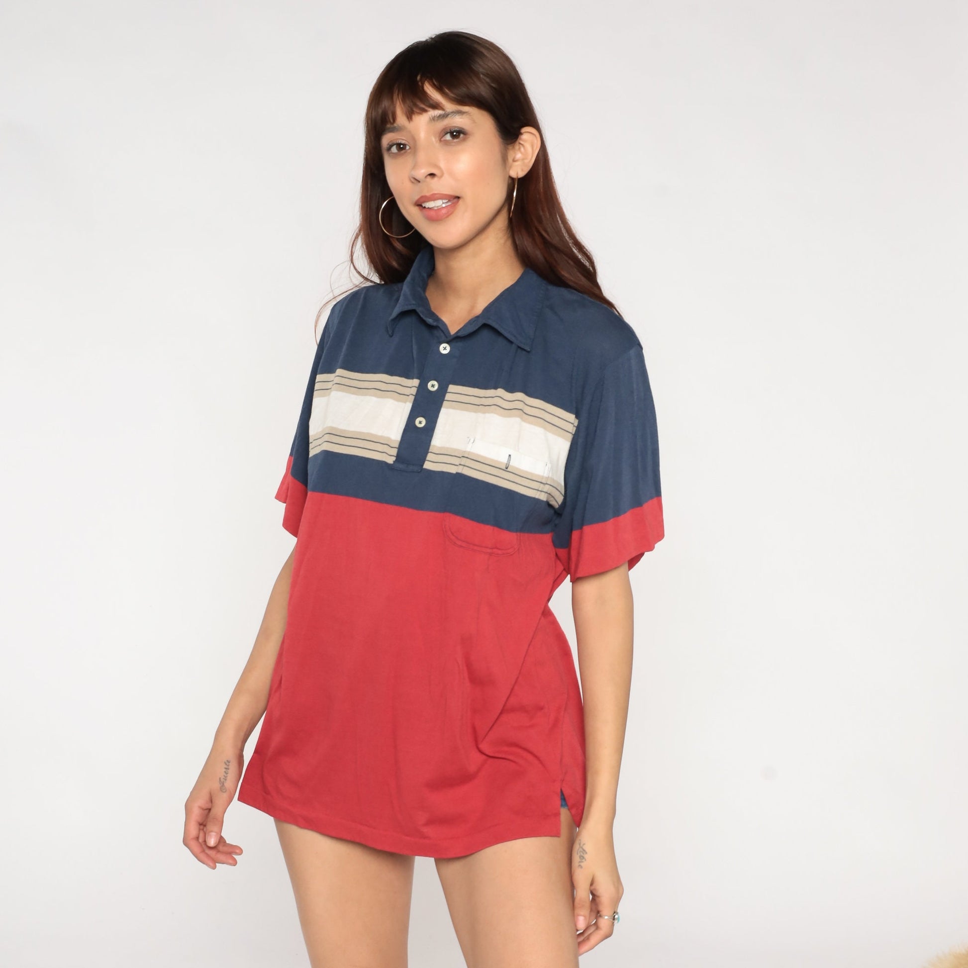 90s Polo Shirt Navy Red Tan Striped Color Block Chest Pocket Men's Large L