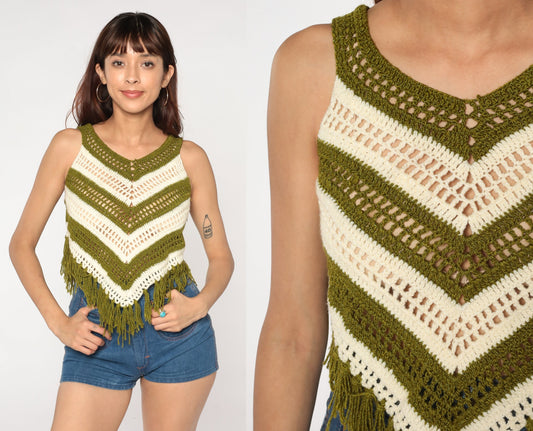 70s Striped Knit Tank Top Green Cream Fringe Sleeveless XXS
