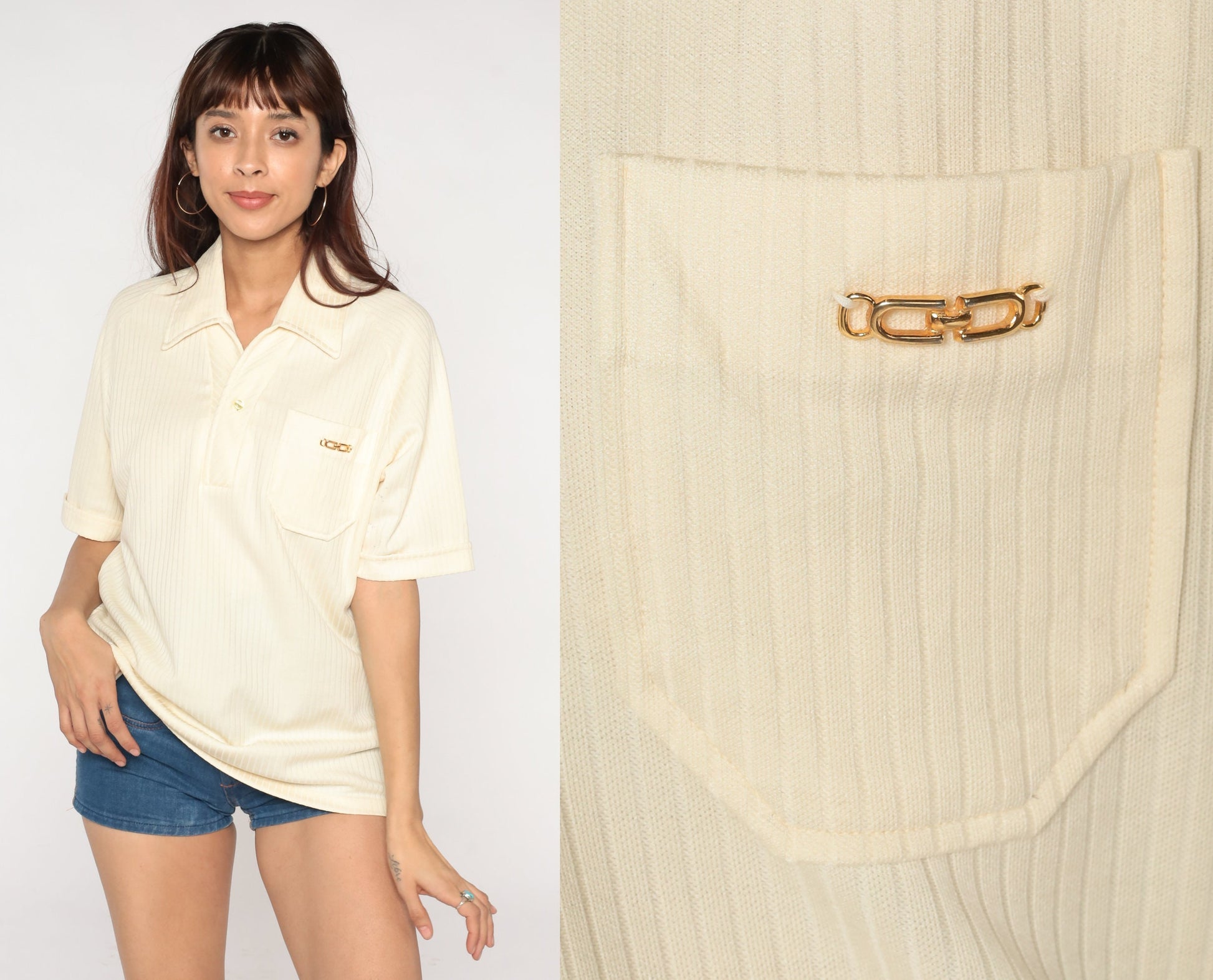 70s Cream Ribbed Polo Shirt Chain Pocket Short Sleeve Mens Medium