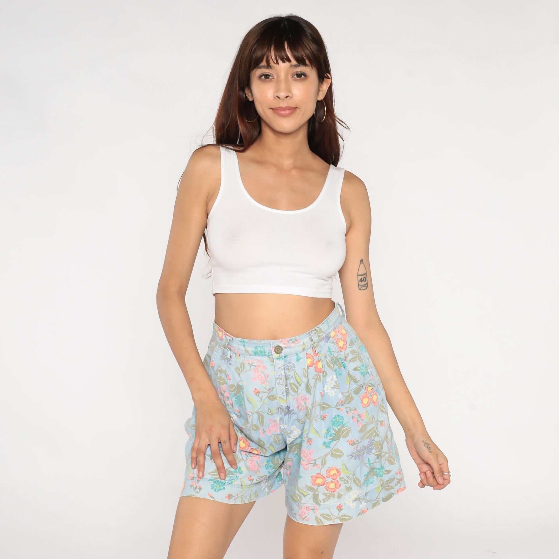 90s Liz Claiborne Floral Denim Shorts High Waist Pleated Blue Cotton Medium