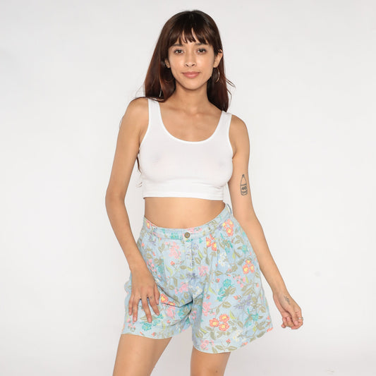 90s Liz Claiborne Floral Denim Shorts High Waist Pleated Blue Cotton Medium