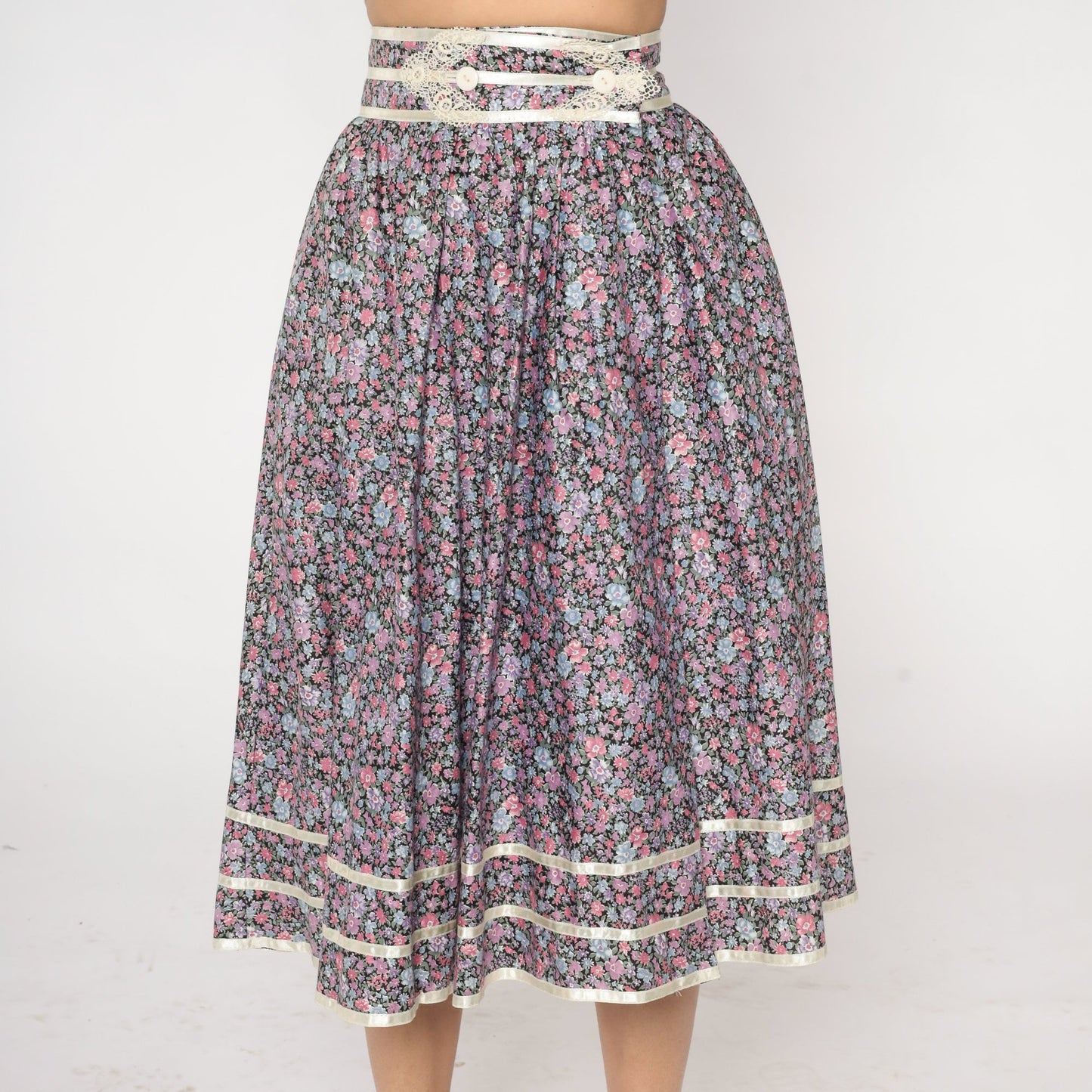 70s Gunne Sax Floral Midi Skirt Black Calico Lace Cotton Small