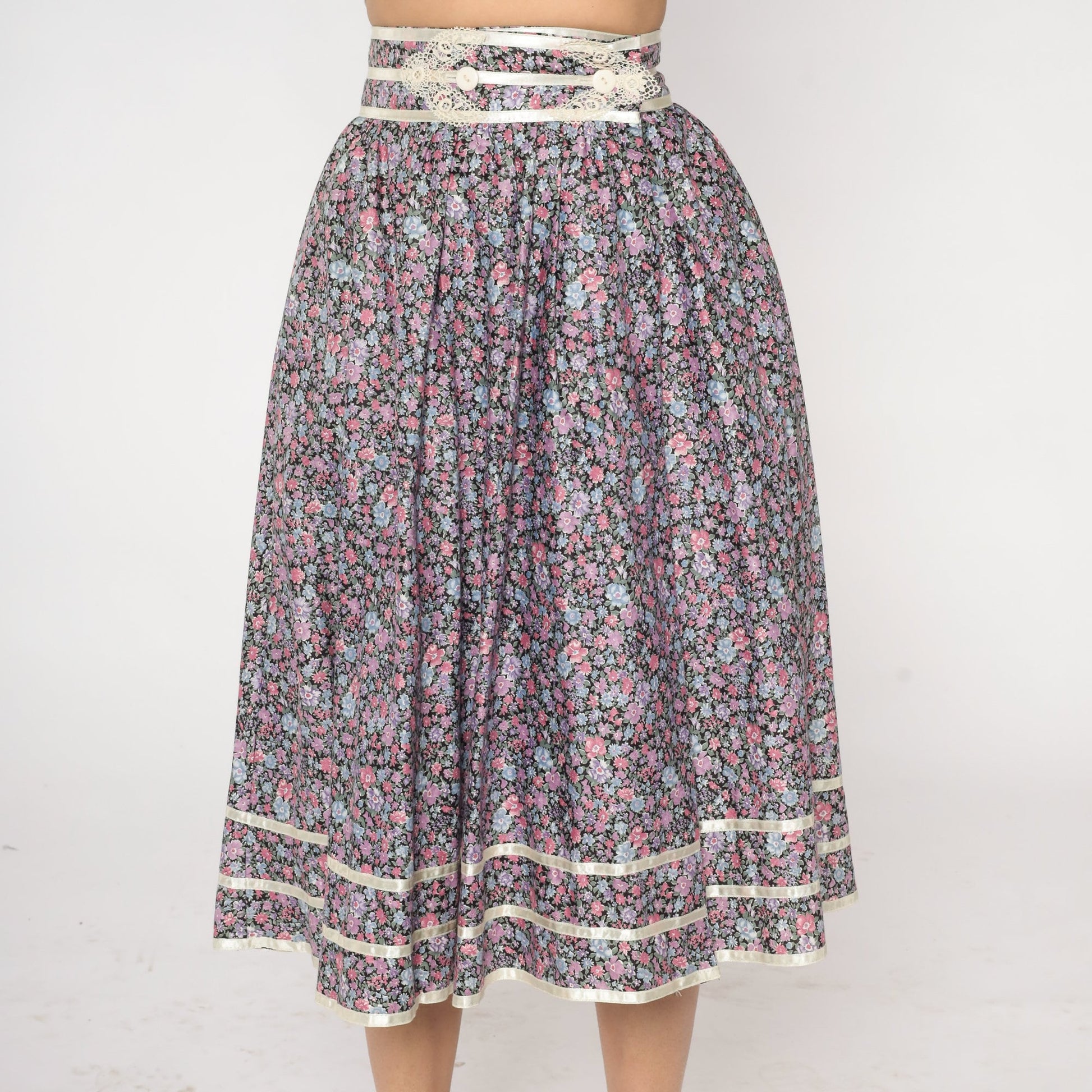 70s Gunne Sax Floral Midi Skirt Black Calico Lace Cotton Small