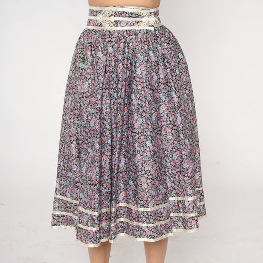 70s Gunne Sax Floral Midi Skirt Black Calico Lace Cotton Small