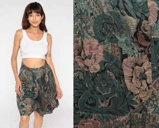 90s Floral Tapestry Pleated Shorts High Waist Wide Leg Medium M