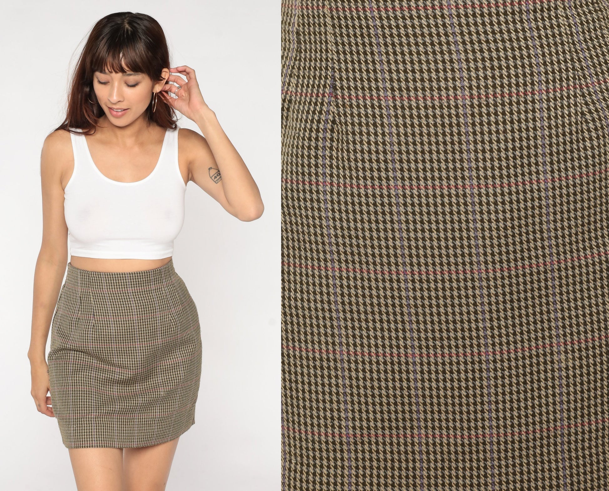 90s Houndstooth Mini Pencil Skirt Brown High Waist Small S