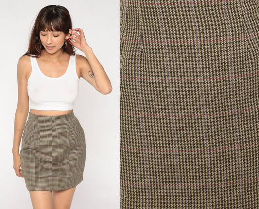 90s Houndstooth Mini Pencil Skirt Brown High Waist Small S