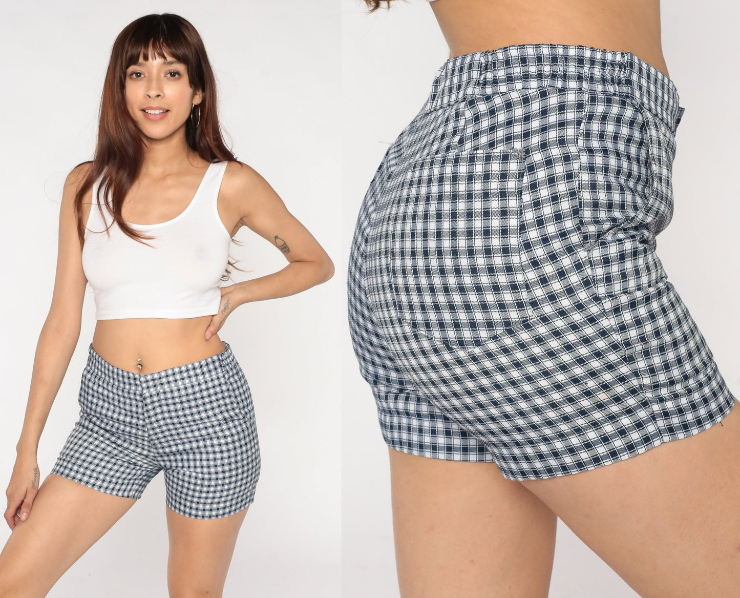 70s Blue White Checkered High-Waist Shorts Medium M