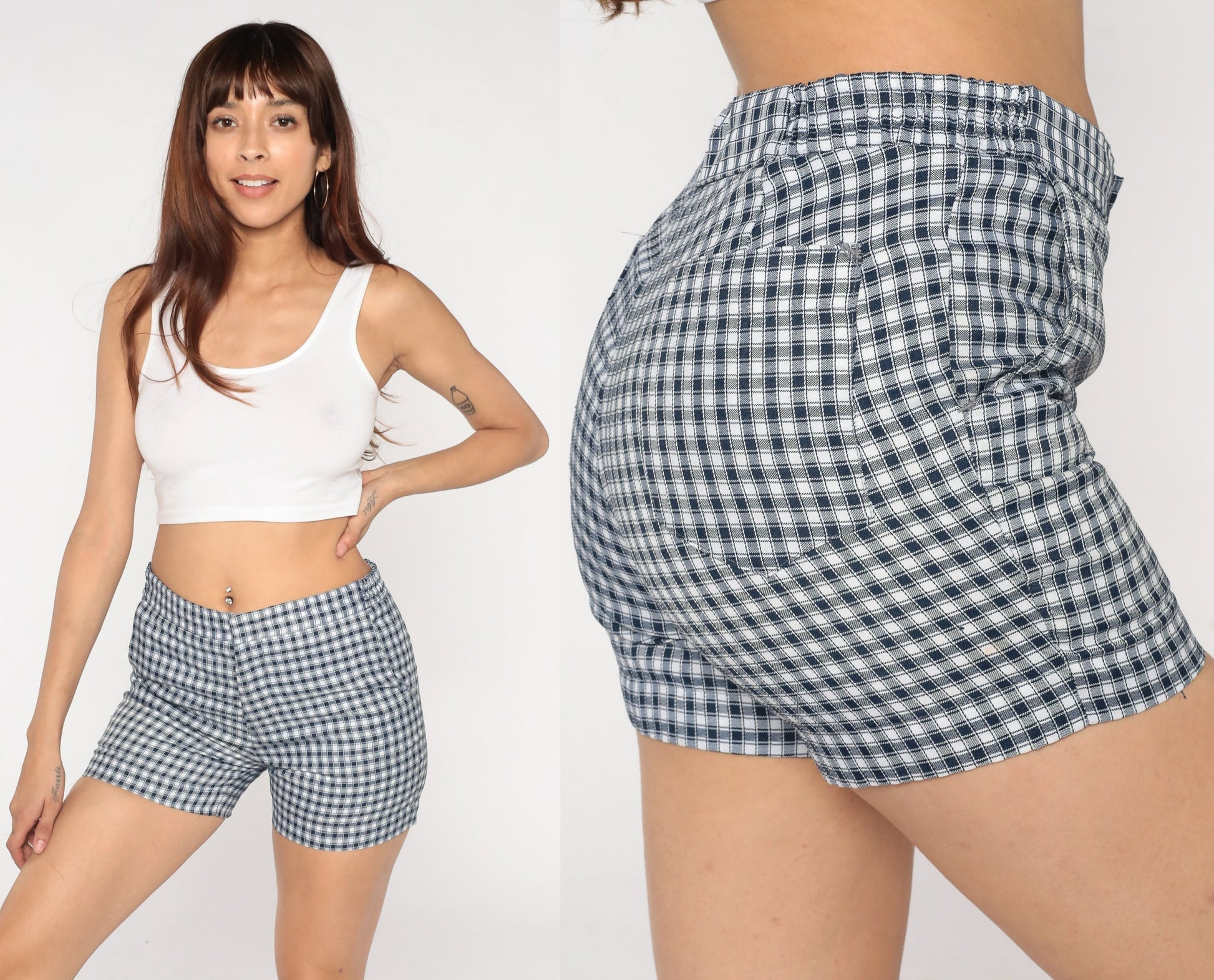 70s Blue White Checkered High-Waist Shorts Medium M